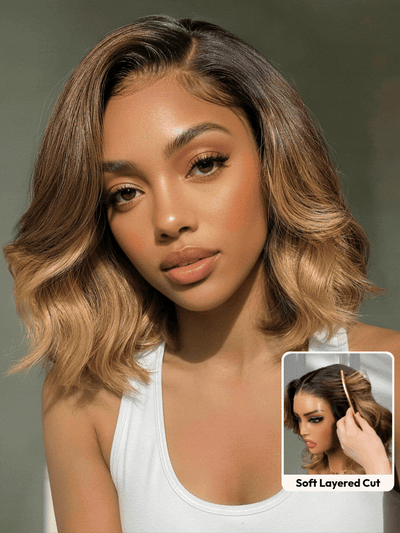 Klaiyi Balayage Brown French Bob Wig Shoulder-Length Loose Curls 13x4 Pre-Everything Glueless Lace with Invisi Drawstring