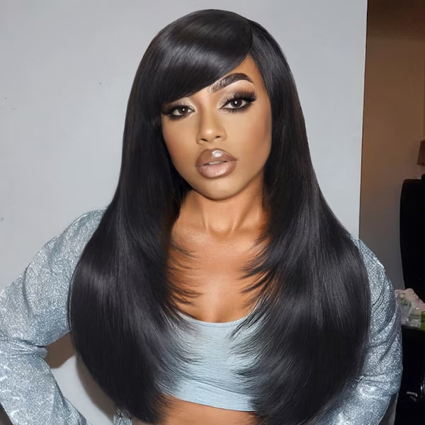 Klaiyi Layer Cut Silky Straight Wig with Side Part Swoop 13x4 Pre-Everything Lace Frontal Wig 180% Layer Cut Glueless Human Hair Wig