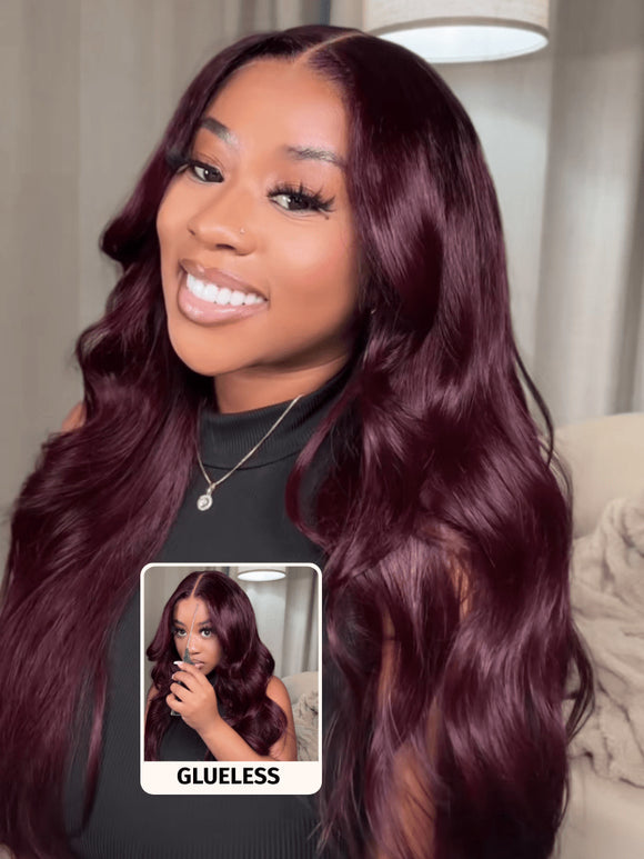 Code promo : HALF50 -50 % | Perruque Klaiyi Bye Bye Knots 7x5, couleur cerise noire, coupe dégradée, lisse, lace frontale 13x4, pré-assemblée 