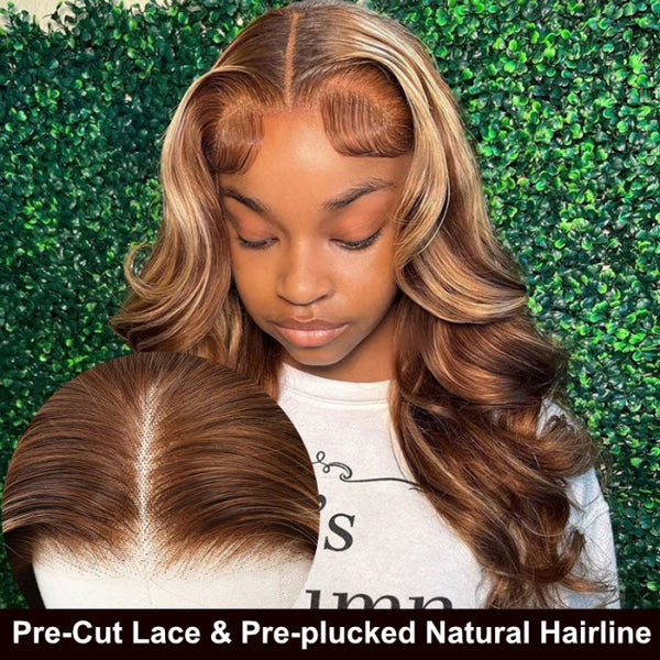 Klaiyi Pre-Cut Glueless Wig Put On and Go Highlight Blonde Body Wave Wig Human Hair