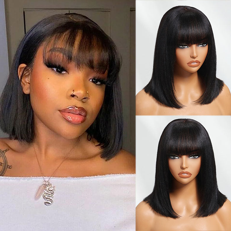 Klaiyi Yaki Straight Bob Wig with Bang 2x4 Lace Closure Wig Beginner Friendly Human Hair Wig Flash Sale