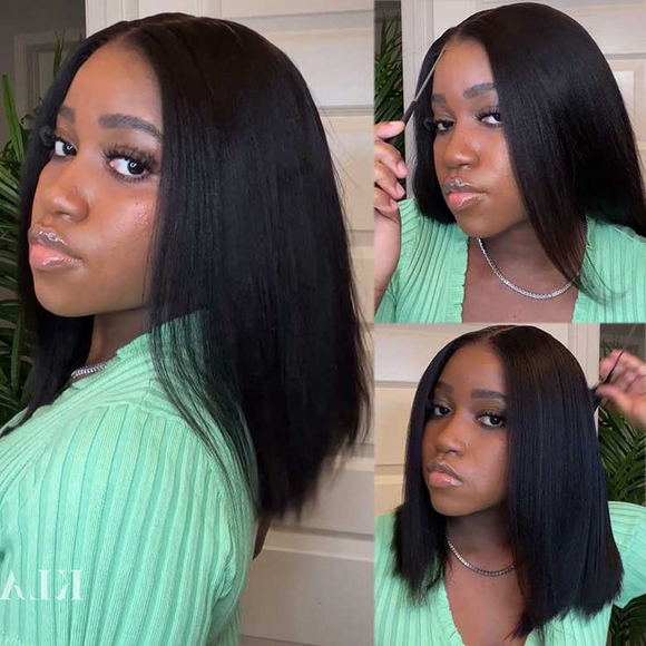 $100 OFF | Code: SAVE100 Klaiyi Put On and Go Glueless Bob Wig Silky Straight/Yaki Straight 7x5 Pre-Cut Lace Closure Wig Beginner Friendly