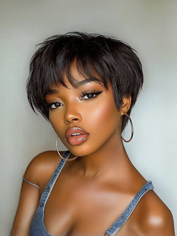 Klaiyi Short Bob Wigs with Bang Pixie Cut Human Hair Wig Machine Made Natural Black Color Glueless Human Hair Wig Flash Sale