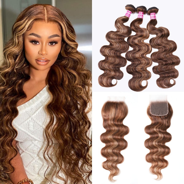 Klaiyi Virgin Human Hair 3 Bundles with Lace Closure Ombre Honey Blonde Highlight Color