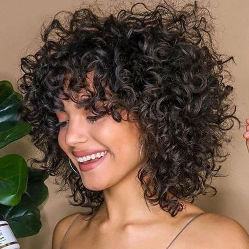 Buy 1 Get 1 Free,Code:BOGO | Klaiyi Bouncy Curls Short Human Hair Wigs with Bangs Glueless Pixie Cuts Wigs