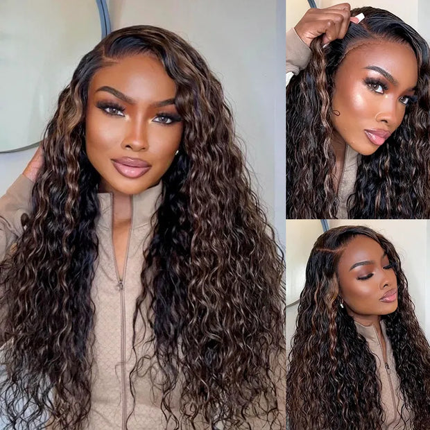 Klaiyi 7x5 Golden Brown Highlight Water Wave Bye Bye Knots Lace Closure Wig 150% Density