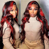 20"=$89|13x4 Klaiyi Ombre Highlight Dark Burgundy with Rose Red Transparent Lace Frontal Wig Body Wave Wig Flash Sale