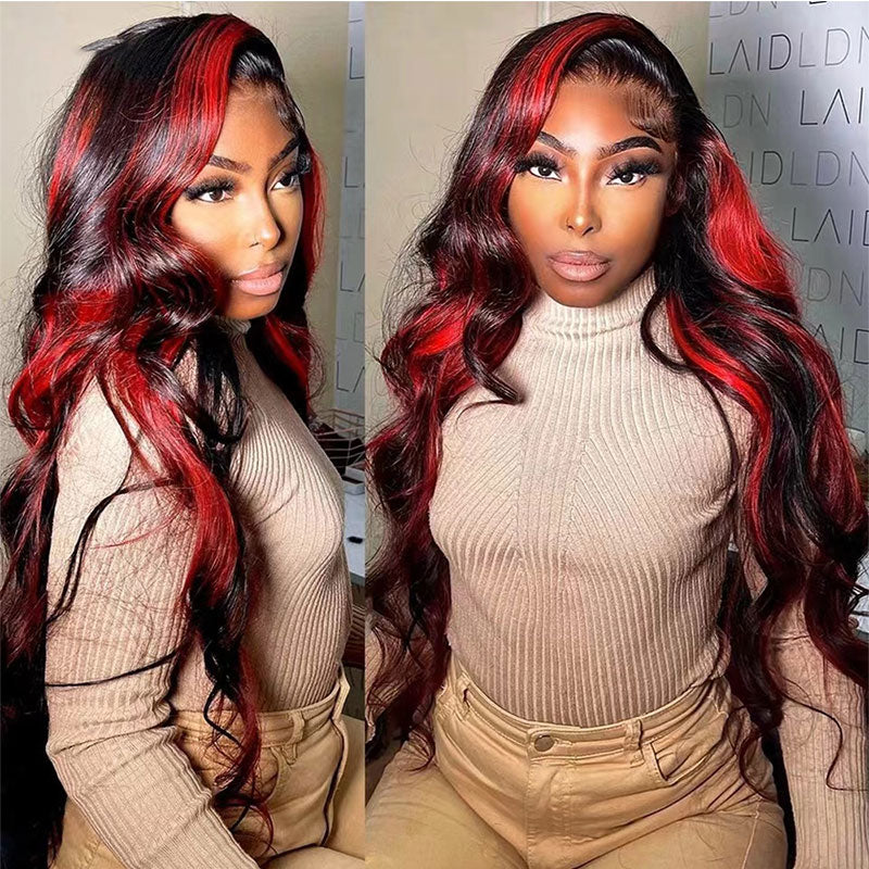 22"=$29.75 by Installment|Klaiyi Ombre Highlight Dark Burgundy with Rose Red 13x4 Transparent Lace Frontal Wig Body Wave Wig Flash Sale