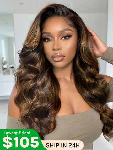 Klaiyi Ombre Brown Balayage Highlight Body Wave 7x5 Bye Bye Knots Wig Precolored Glueless Human Hair Lace Wig