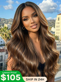 Klaiyi Ombre Brown Balayage Highlight Body Wave 7x5 Bye Bye Knots Wig Precolored Glueless Human Hair Lace Wig
