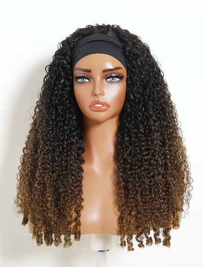 Klaiyi Ombre Chestnut Brown Burmese Curly 2-in-1 Headband Wig  Glueless Human Hair Wig with Invisi Drawstring