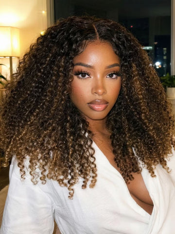 Klaiyi 7x5 Bye Bye Knots Lace Closure Wig Golden Brown Highlight Fluffy Burmese Curly Human Hair with Invisi-Drawstring