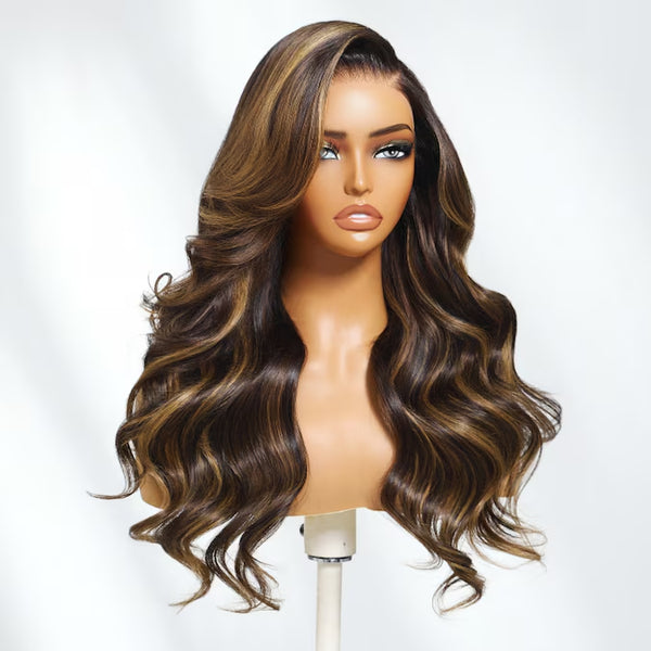 Klaiyi Brown Balayage Highlight 7x5 Bye Bye Knots Glueless Lace Body Wave Wig with Face Framing Layers