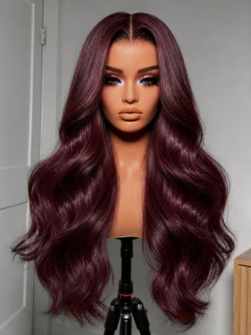 Klaiyi 7x5 Bye Bye Knots No Slip Glueless Lace Wig Burgundy Red Layered Body Wave Human Hair Wig