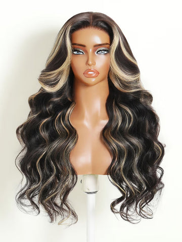 Flash Sale Klaiyi 7x5 No-Slip Glueless Lace Closure Wig Face-Framing Blonde Highlights Body Wave Human Hair Wig