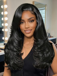 Klaiyi 7x5 Glueless No Slip Cap Retro Glam Curls Feathered Layers 200% Density Human Hair Salon-Finished Look Side-Swept Bangs