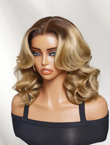 Klaiyi 7x5 Lace No Slip Wig Brown Rooted Honey Blonde Body Wave Bob Wig with Caramel Highlights Human Hair Wig Flash Sale