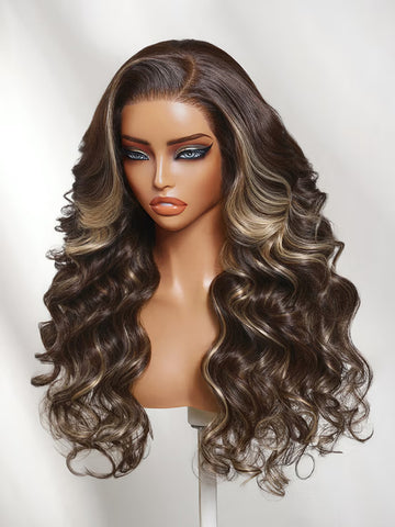 Klaiyi 7x5 No-Slip Glueless Lace Closure Wig Mocha Brown Balayage with Ash Blonde Highlights Body Wave Human Hair Wig