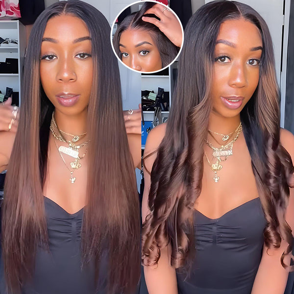Klaiyi Ombre Chestnut Brown Yaki Straight Put On and Go Glueless Wig 7x5 Bye Bye Knots Lace Closure Human Hair Wigs with Invisi Drawstring