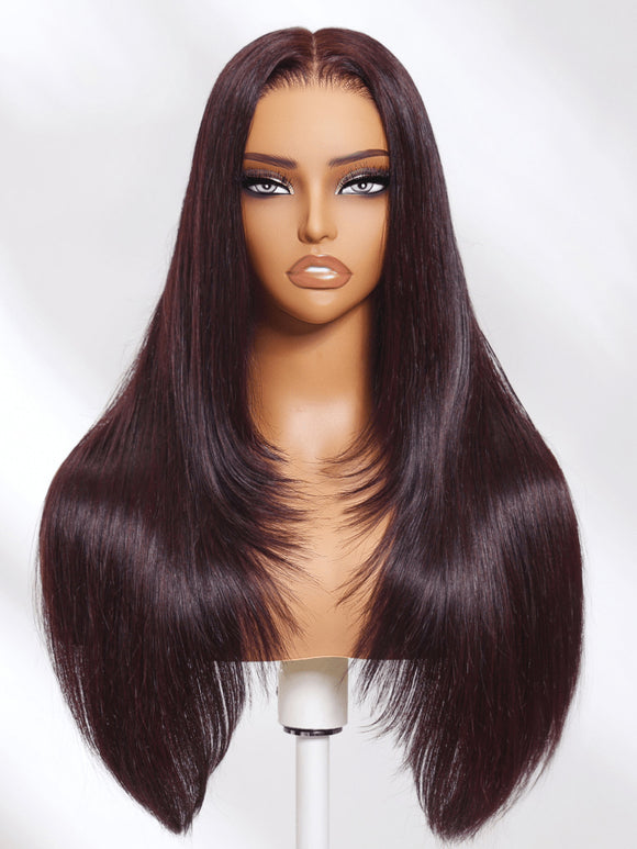 Code promo : HALF50 -50 % | Perruque Klaiyi Bye Bye Knots 7x5, couleur cerise noire, coupe dégradée, lisse, lace frontale 13x4, pré-assemblée 
