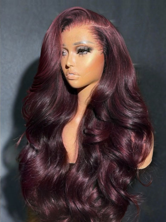Code promo : HALF50 -50 % | Perruque Klaiyi Bye Bye Knots 7x5, couleur cerise noire, coupe dégradée, lisse, lace frontale 13x4, pré-assemblée 