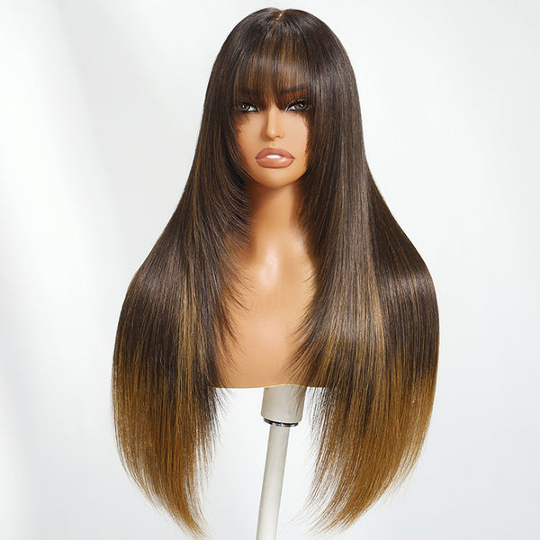 Klaiyi 7x5 Brown to Blonde Ombre Straight Wig with Bangs Face-Framing Layered Cut Human Hair Wigs Insivi Knots