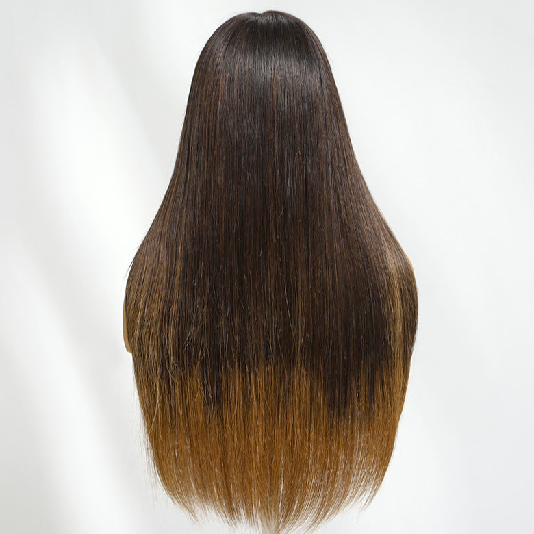Klaiyi 7x5 Brown to Blonde Ombre Straight Wig with Bangs Face-Framing Layered Cut Human Hair Wigs Insivi Knots