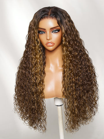 Klaiyi 7x5 No Slip Glueless Lace Brown With Honey Blonde Highlights Water Wave Wig