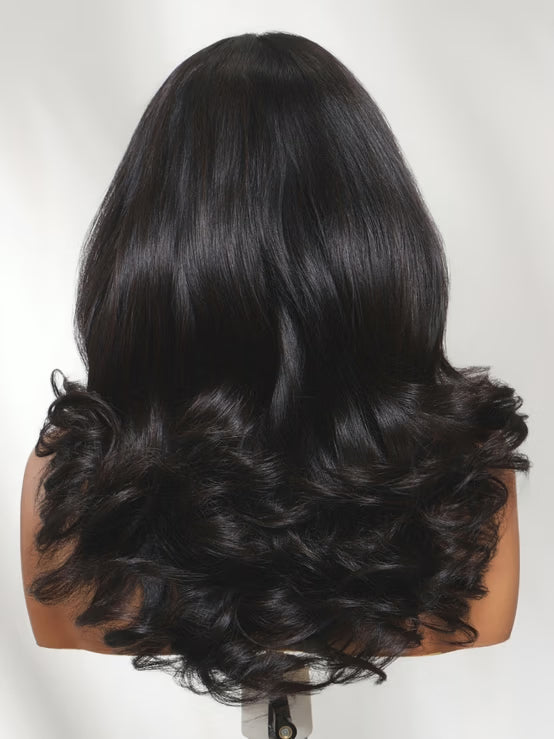 Klaiyi 7x5 No Slip Glueless Lace Bmbshell Blowout Loose Wave Layered Wig Face-framing Feathered Layers Human Hair 200% Density