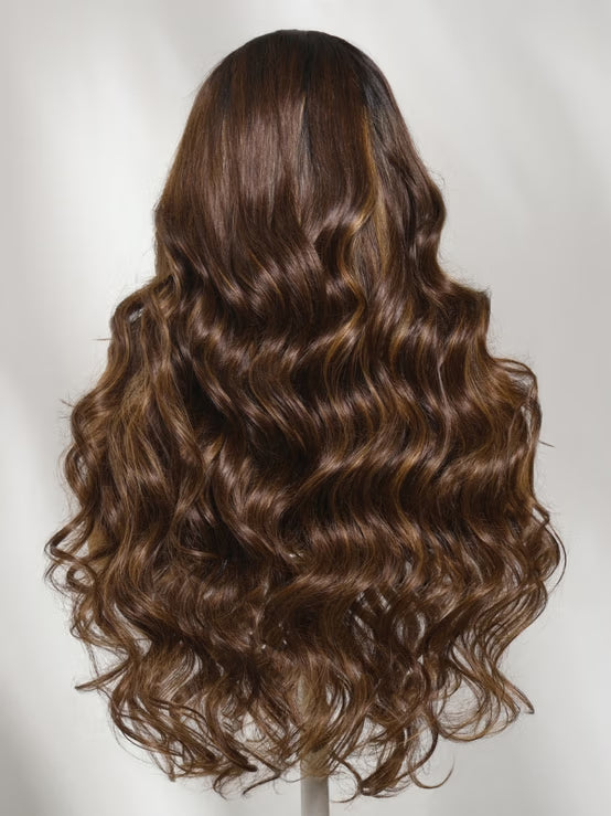 Klaiyi 13x4 Pre-Everything Lace Frontal Wig Deep Brunette With Warm Brown Highlights Body Wave Human Hair Wig with Invisi-Drawstring