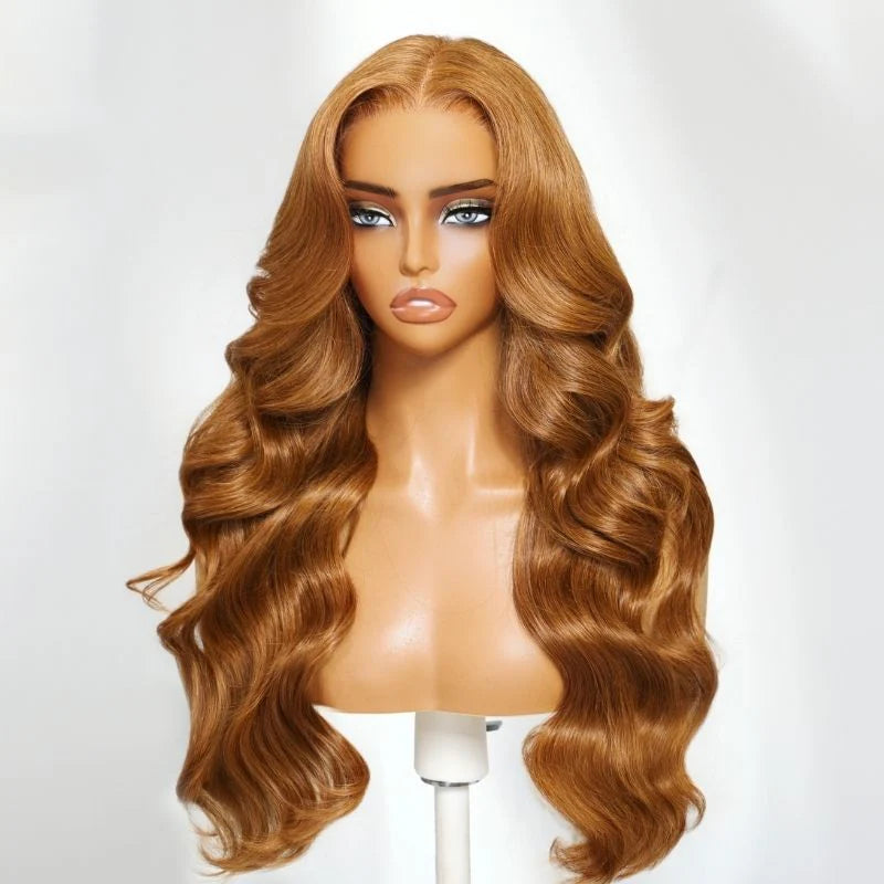 Klaiyi Honey Brown Body Wave Wig 13x4 Pre-Everything Lace Frontal Put on and Go Glueless Human Hair Wig with Inivi-Drawstring