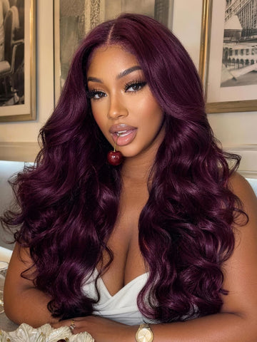 Klaiyi  13x4 Pre-Everything Lace Frontal Rich Vibrant Plum Burgundy Body Wave Human Hair Wig