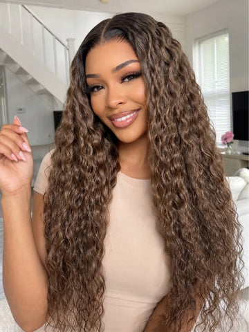 Klaiyi 7x5 No Slip Glueless Lace Wig Effortless Muted Ash Brown With Dark Roots Water Wave Human Hair Wig with Drawstring