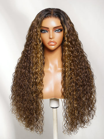 Klaiyi 7x5 No Slip Glueless Lace Brown With Honey Blonde Highlights Water Wave Wig