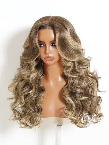Klaiyi 13x4 Glueless Lace Front Wig Brunette Ombre With Blonde Highlights Body Wave Human Hair Wig