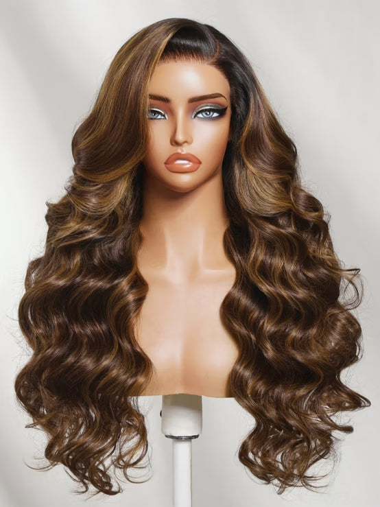 Klaiyi 13x4 Pre-Everything Lace Frontal Wig Deep Brunette With Warm Brown Highlights Body Wave Human Hair Wig with Invisi-Drawstring