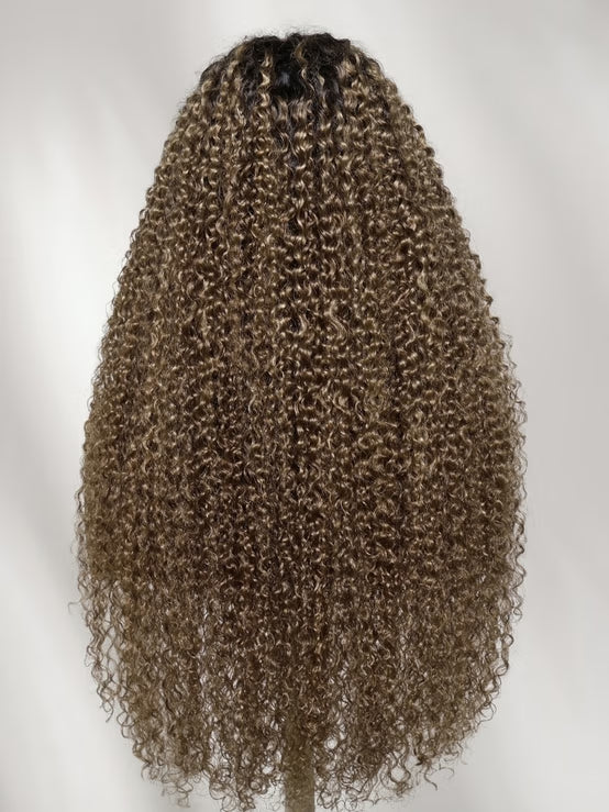 Klaiyi 7x5 No Slip Glueless Lace Wig Effortless Muted Ash Brown With Dark Roots Jerry Curly Wig with Drawstring