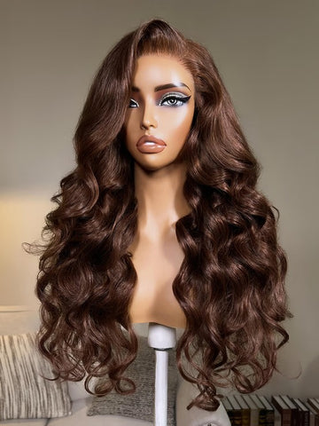 Peluca de ondas corporales Klaiyi de marrón cobre 7x5, peluca de encaje sin deslizamiento de cabello humano con cordón Invisi