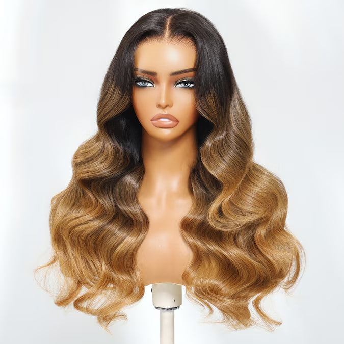 Klaiyi 13x4 Pre-Everything Black to Caramel Blonde Ombre Loose Wave Lace Frontal Human Hair Wig