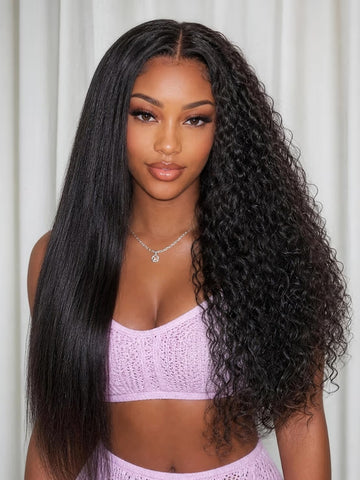 Klaiyi Wet & Curly 2 in 1 Straight to Curly Wig Dream Curls Wig 7x5 Put On And Go with Invisi Drawstring Human Hair