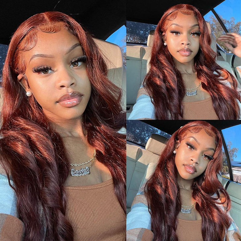 Klaiyi Brunette Auburn Copper 13x4 Pre everything Lace Frontal Wig Body Wave Virgin Human Hair Reddish Brown Color