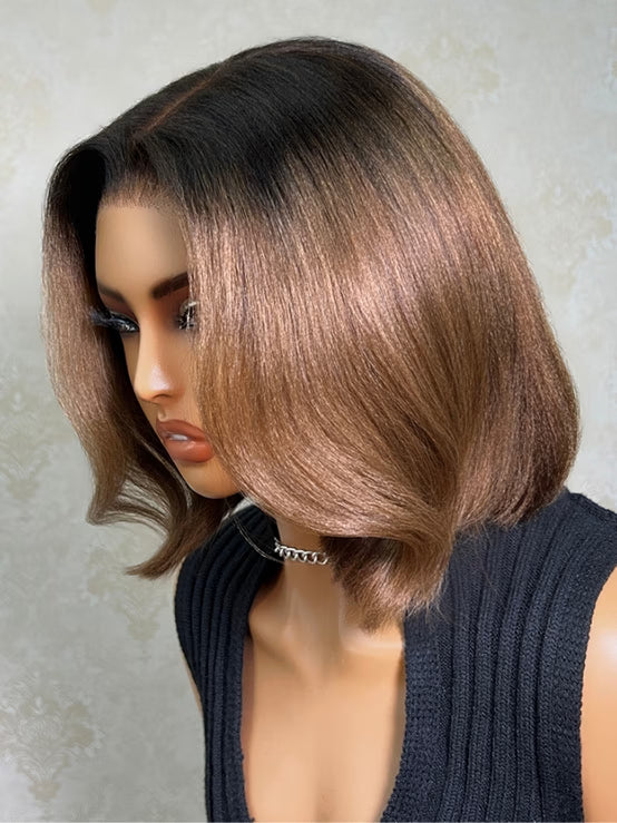 Flash Sale Klaiyi 7x5 Glueless Ombre Chestnut Brown Bob Human Hair Wig with Face-Framing Layers Put On & Go 90s Blowout