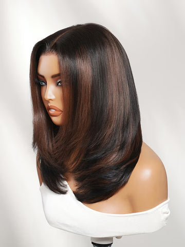 Klaiyi 7x5 No-Slip Glueless Lace Wig Brown Highlight Sleek Straight Bob Wig with Face Framing Layers