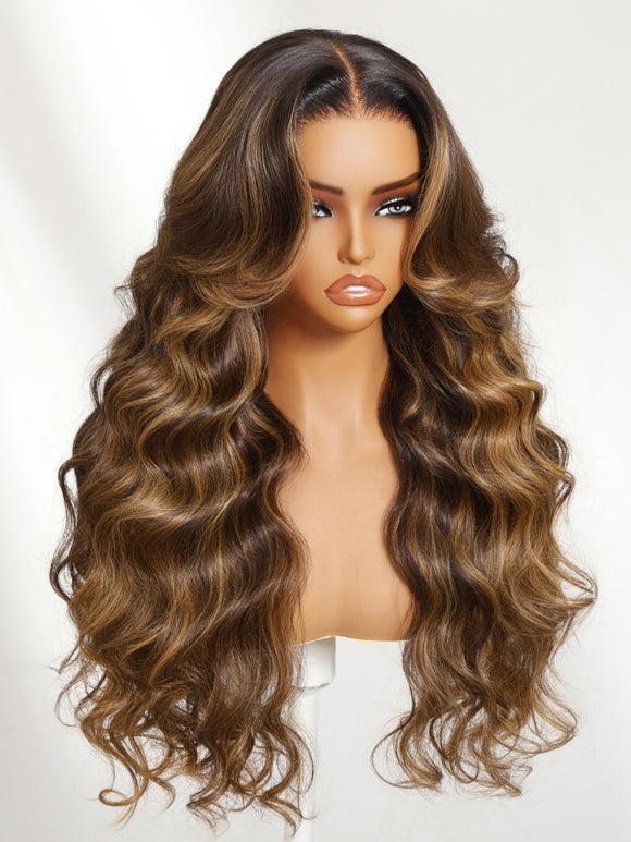 Klaiyi 7x5 No-Slip Glueless Chocolate Brown with Golden Brown Highlights Body Wave Human Hair Wig Put On & Go with Invisi Drawstring