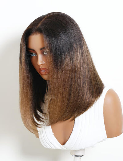 Flash Sale Klaiyi Ombre Chestnut Brown Yaki Straight Bob Wig 7x5 Lace No Slip Glueless Human Hair Wig
