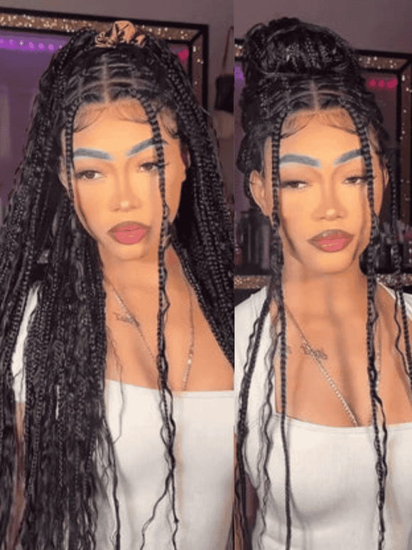 $99=36inch | Flash Sale Klaiyi 34inch Knotless Full Lace Box Braid Wig Boho Goddess Braided Wig with Baby Hair Curly Ends Wig