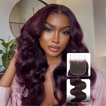 Flash Sale Klaiyi Body Wave Black Cherry Burgundy 3 Bundles With 4x4 Lace Closure 100% Human Hair