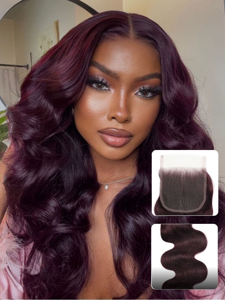 KLAIYI Body Wave Black Cherry Burgundy 3 Bundles With 4x4 Lace Closure 100% Human Hair