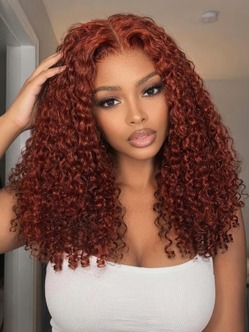 Klaiyi 7x5 Bye Bye Knots Glueless Reddish Brown Burmese Curly Human Hair Wig with Finger Coil Ends Put On & Go