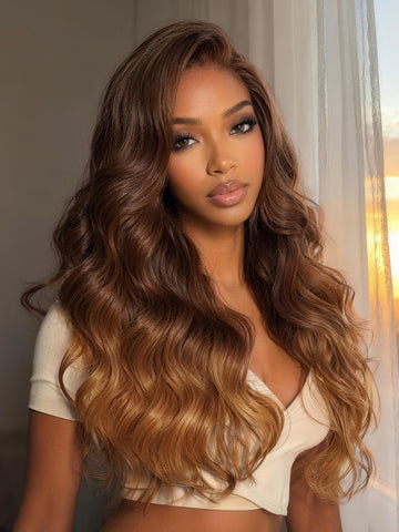 Klaiyi 13x4 Pre-Everything Lace Frontal Wig Lace Frontal Wig Copper Auburn Ombre Body Wave Wig with Side-Swept Face-Framing Layers